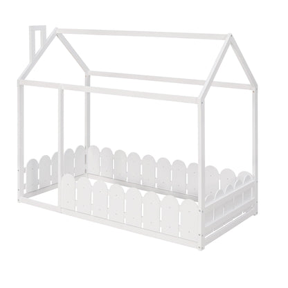 {Slats are not included}Twin Size Wood Bed House Bed Frame with Fence for KidsTeens Girls Boys {White} - FurniFindUSA