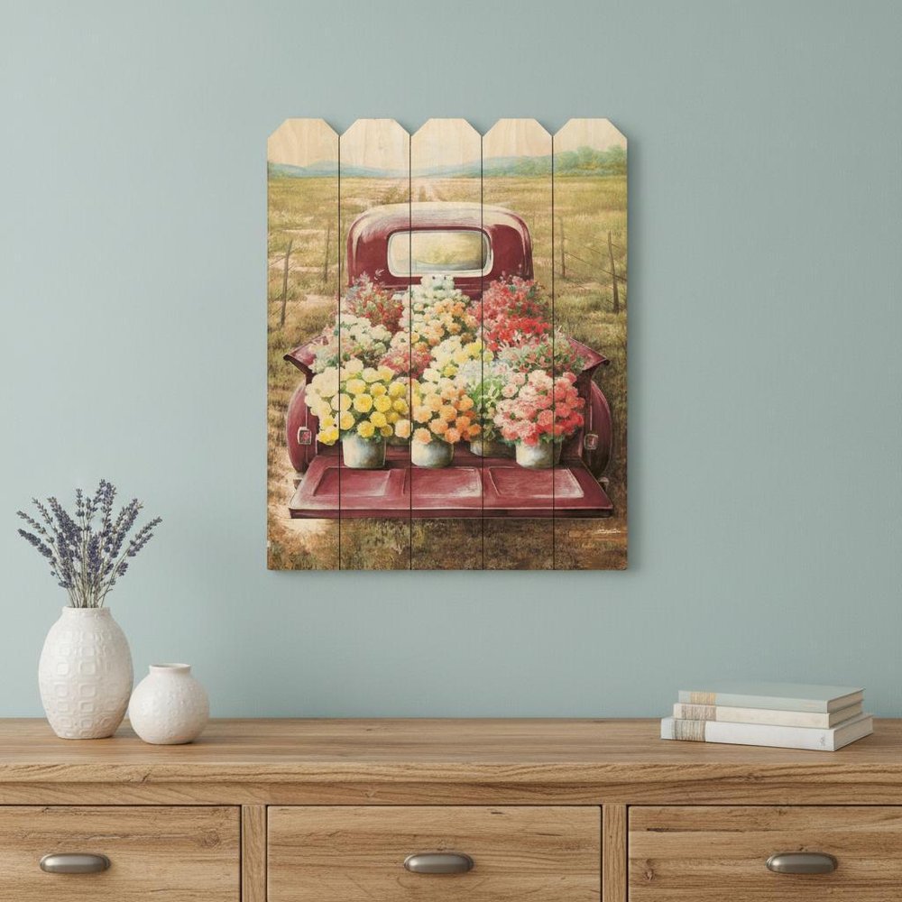 Pretty Red Truck Flowers for Sale Unframed Picket Fence Wall Art — view 6
