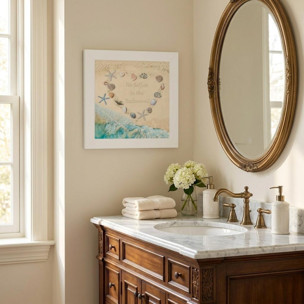 No Selfies in the Bathroom Sea 1 White Framed Print Bathroom Wall Art — view 1