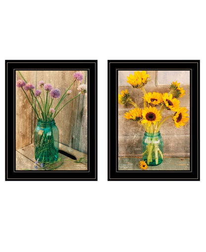 Set Of Two Country Sunflowers and Chives 2 Black Framed Print Wall Art HomeRoots