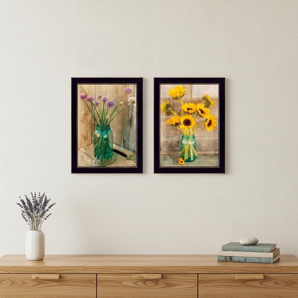 Set Of Two Country Sunflowers and Chives 1 White Framed Print Wall Art HomeRoots