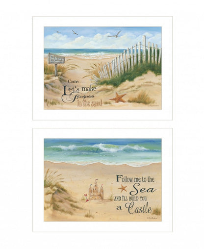 Set Of Two Sand Castle and Footprints 1 White Framed Print Wall Art HomeRoots