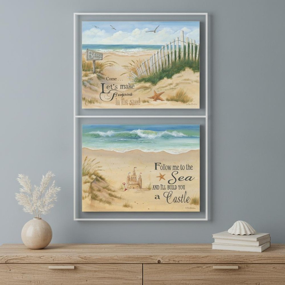 Set Of Two Sand Castle and Footprints 1 White Framed Print Wall Art — view 4