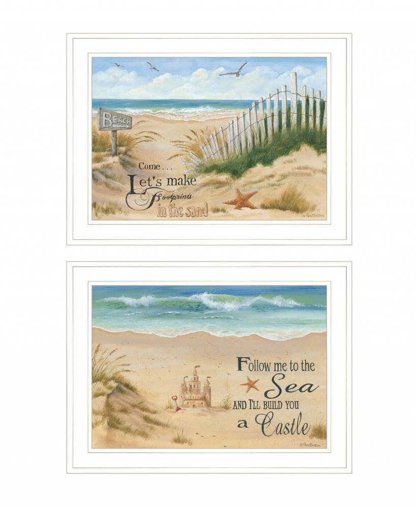 Set Of Two Sand Castle and Footprints 2 White Framed Print Wall Art — view 2