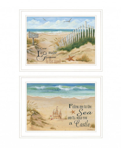 Set Of Two Sand Castle and Footprints 2 White Framed Print Wall Art HomeRoots