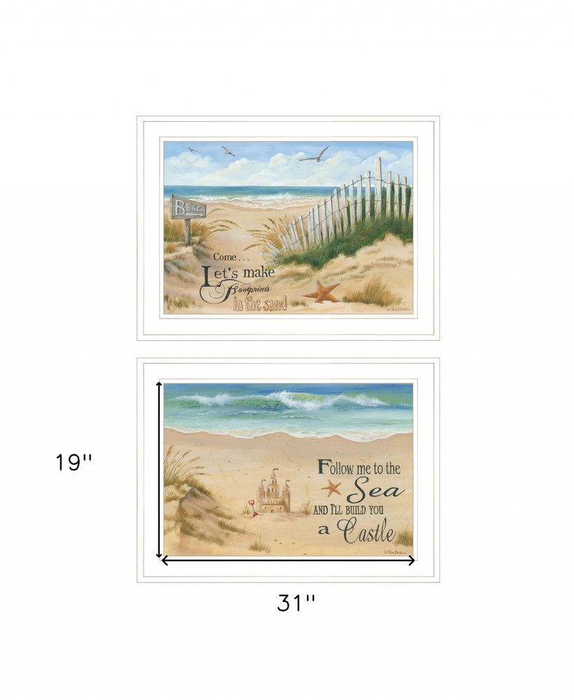 Set Of Two Sand Castle and Footprints 2 White Framed Print Wall Art — view 4