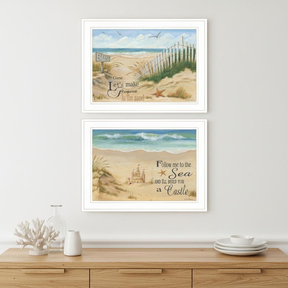Set Of Two Sand Castle and Footprints 2 White Framed Print Wall Art — view 1