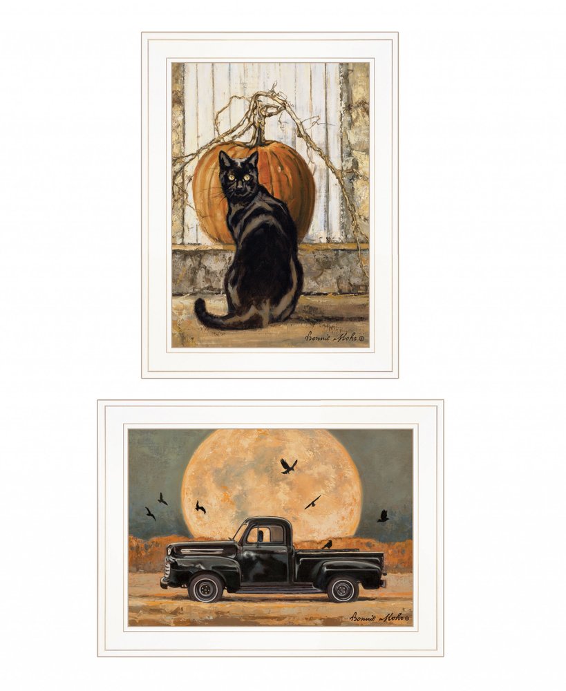 Set Of Two Harvest Moon with A Black Cat and Truck 1 White Framed Print Kitchen Wall Art HomeRoots