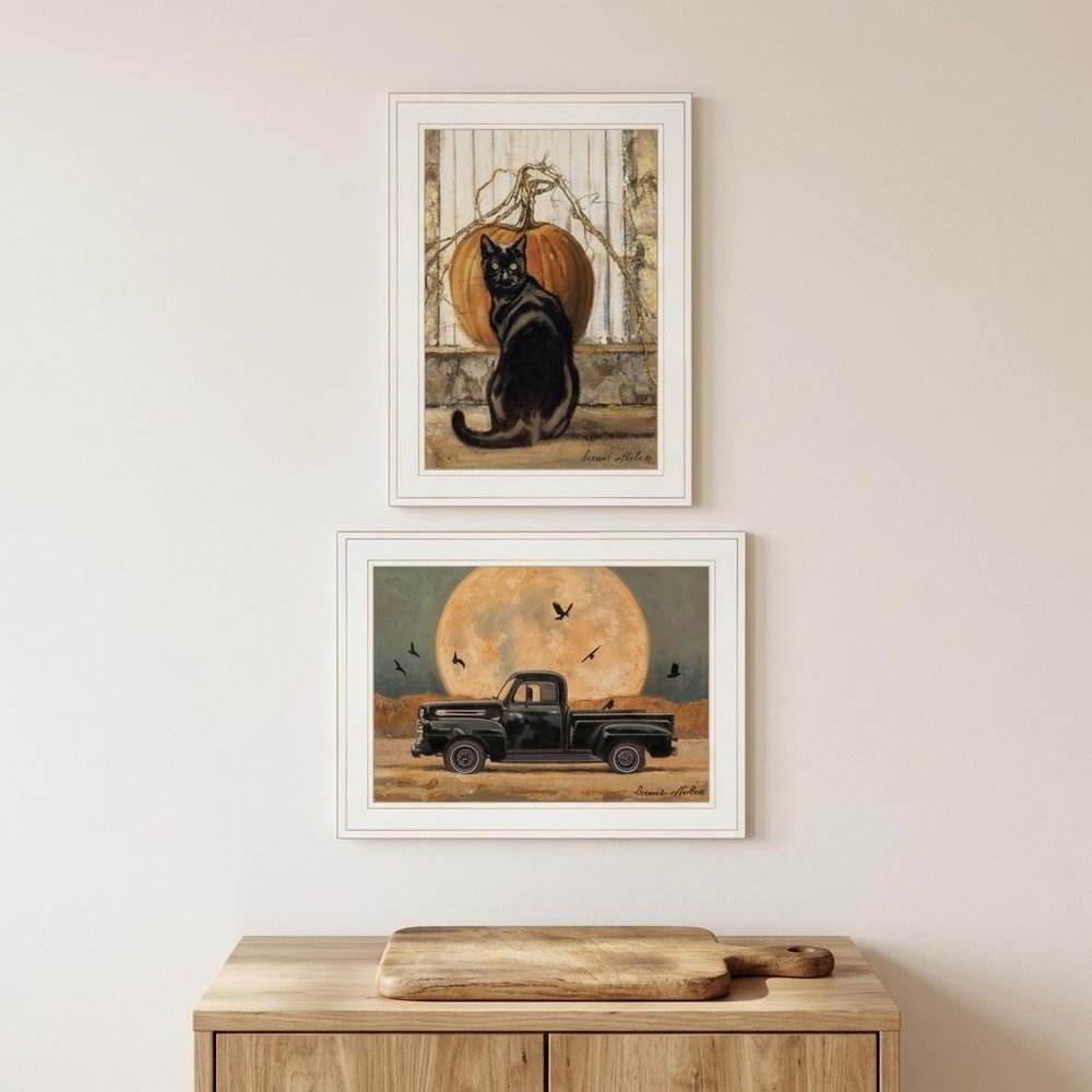 Set Of Two Harvest Moon with A Black Cat and Truck 1 White Framed Print Kitchen Wall Art — view 6