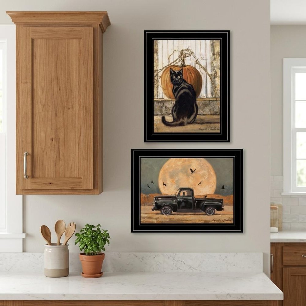 Set Of Two Harvest Moon with A Black Cat and Truck 2 Black Framed Print Kitchen Wall Art — view 6