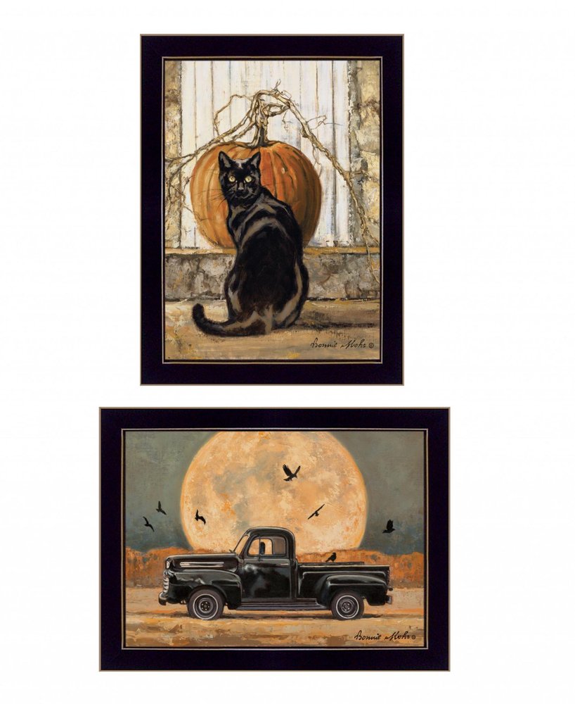 Set Of Two Harvest Moon with A Black Cat and Truck 2 Black Framed Print Kitchen Wall Art — view 7