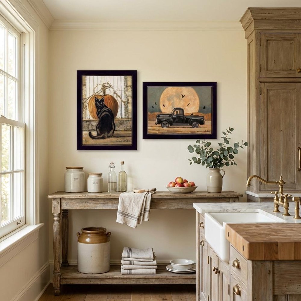 Set Of Two Harvest Moon with A Black Cat and Truck 2 Black Framed Print Kitchen Wall Art HomeRoots