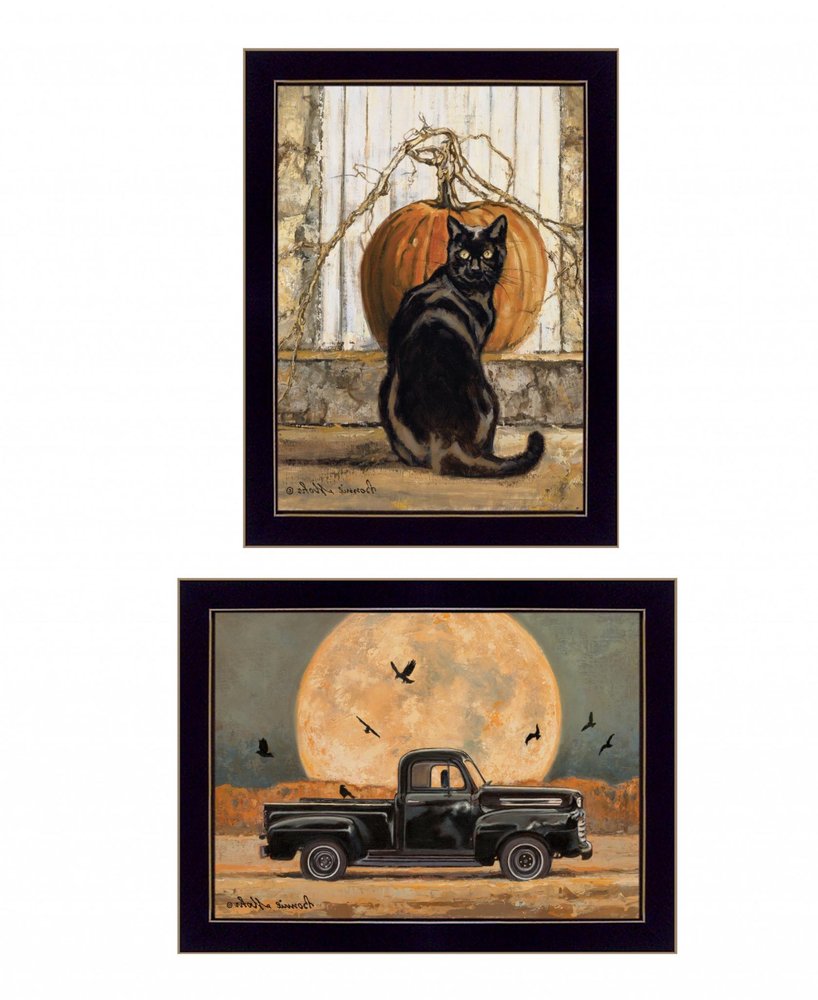 Set Of Two Harvest Moon with A Black Cat and Truck 2 Black Framed Print Kitchen Wall Art — view 16