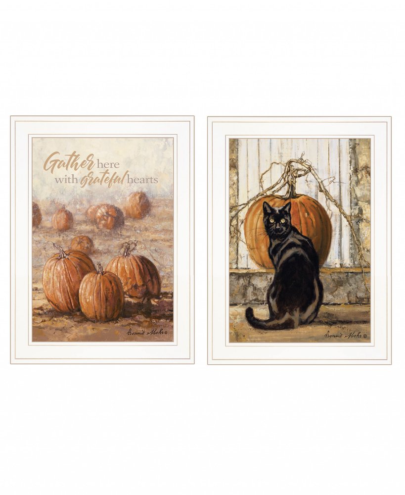 Set Of Two Pumpkins with A Black Cat 1 White Framed Print Wall Art HomeRoots