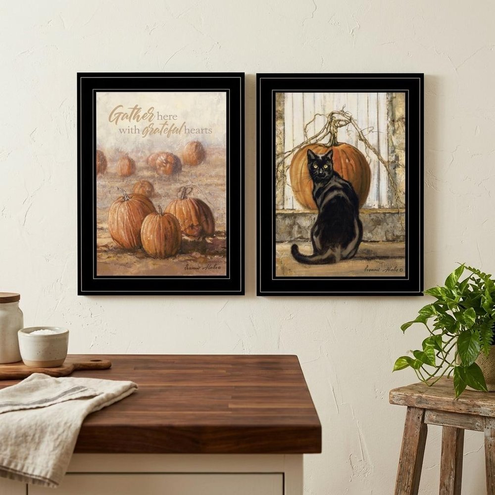 Set Of Two Pumpkins with A Black Cat 1 White Framed Print Wall Art