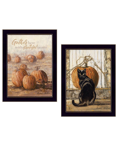 Set Of Two Pumpkins with A Black Cat Black Framed Print Wall Art HomeRoots
