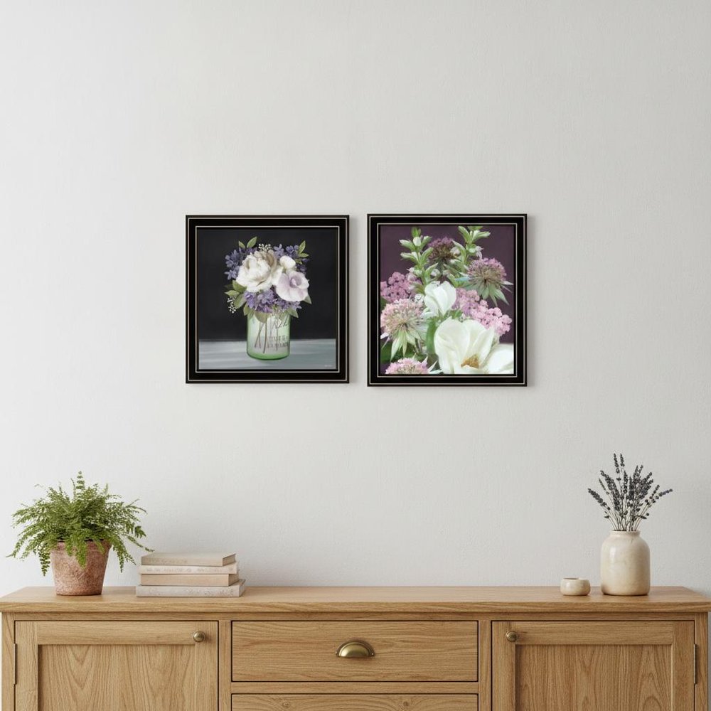 Set Of Two Lilac and Wild Plum Bouquet Black Framed Print Wall Art HomeRoots