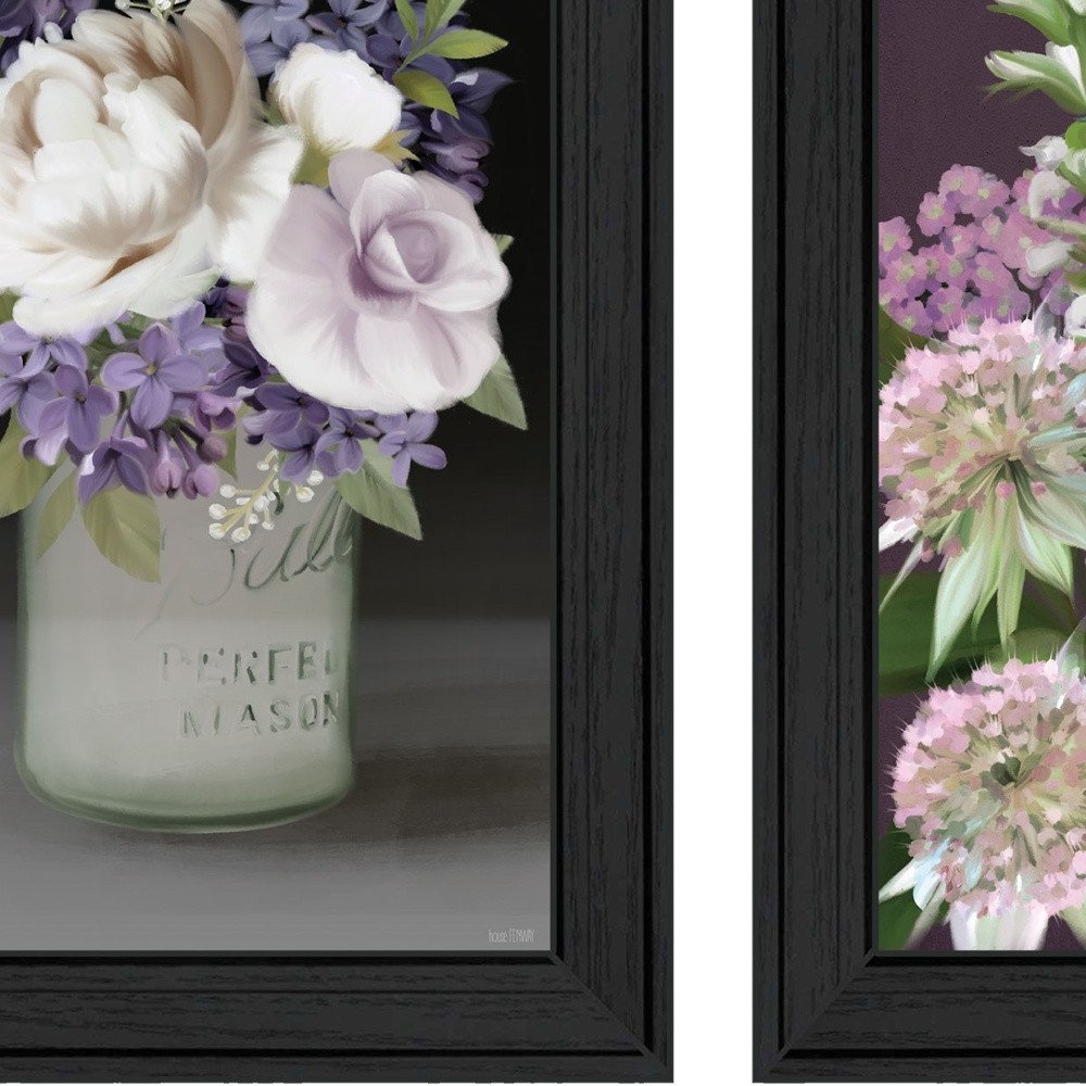 Set Of Two Lilac and Wild Plum Bouquet Black Framed Print Wall Art HomeRoots