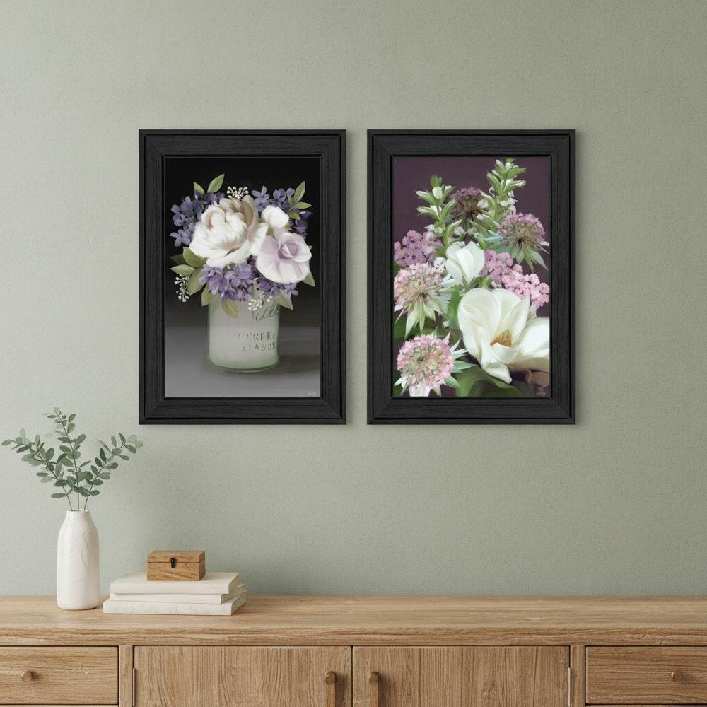 Set Of Two Lilac and Wild Plum Bouquet Black Framed Print Wall Art HomeRoots