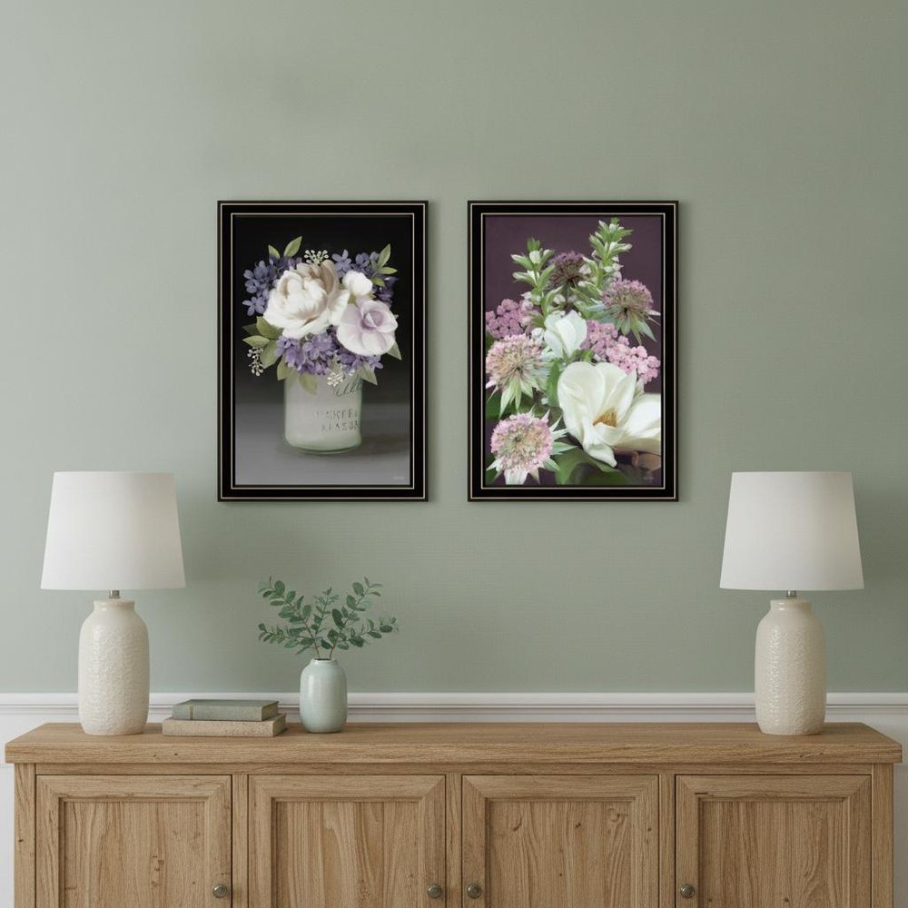 Set Of Two Lilac and Wild Plum Bouquet Black Framed Print Wall Art HomeRoots