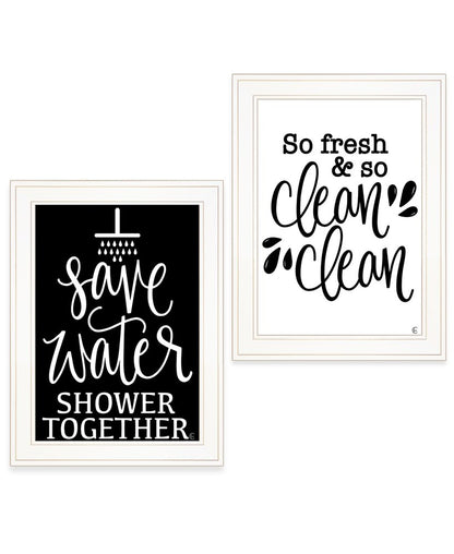 Set Of Two Clean or Shower Together White Framed Print Bathroom Wall Art HomeRoots