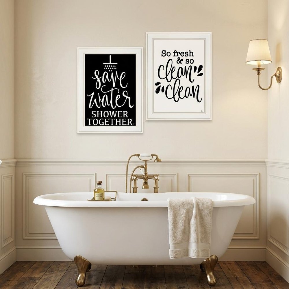 Set Of Two Clean or Shower Together White Framed Print Bathroom Wall Art — view 4