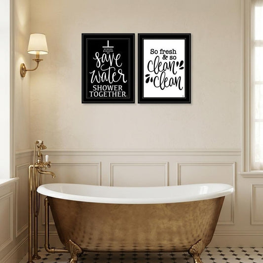 Set Of Two Clean or Shower Together Black Framed Print Bathroom Wall Art