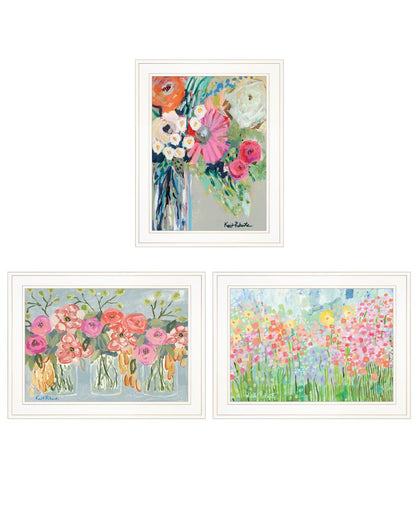 Set Of Three Garden Flowers White Grooved Frame Print Wall Art HomeRoots