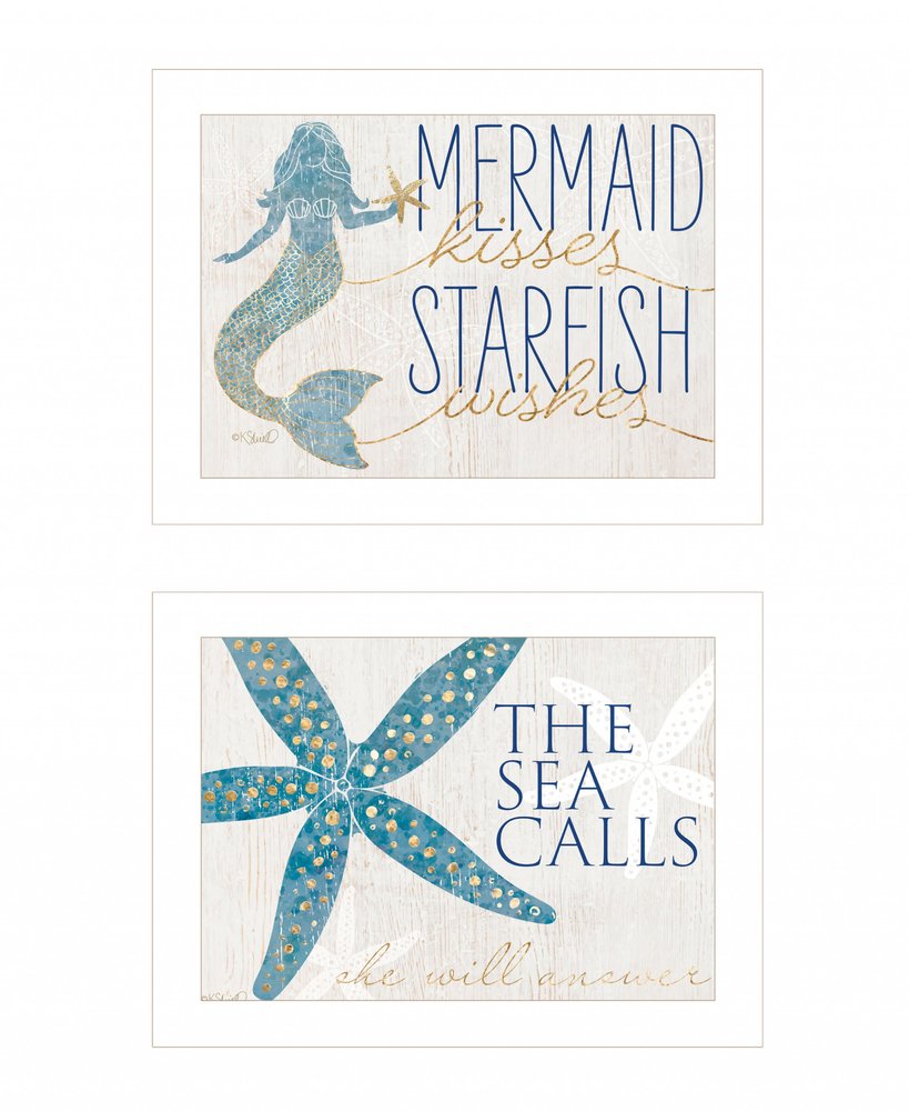 Set Of Two Mermaid Kisses Starfish Wishes 1 White Framed Print Wall Art — view 1