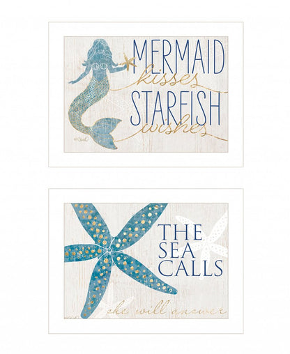 Set Of Two Mermaid Kisses Starfish Wishes 1 White Framed Print Wall Art HomeRoots