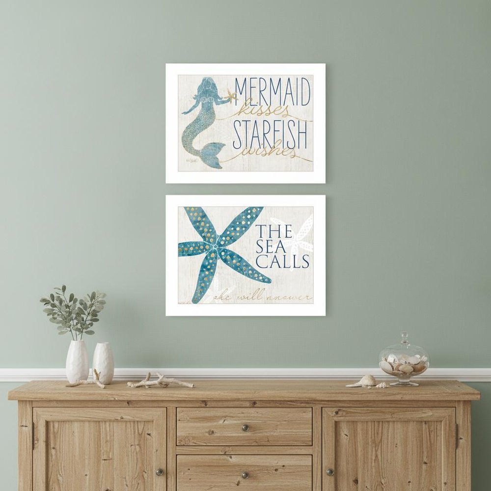 Set Of Two Mermaid Kisses Starfish Wishes 1 White Framed Print Wall Art — view 4