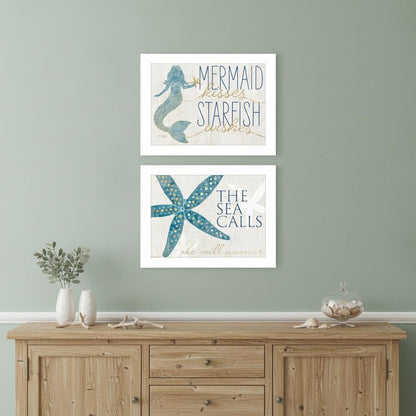 Set Of Two Mermaid Kisses Starfish Wishes 1 White Framed Print Wall Art HomeRoots
