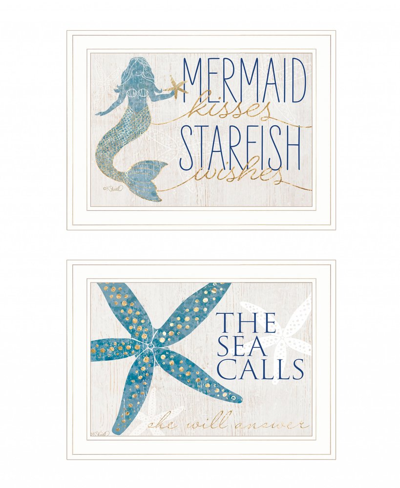 Set Of Two Mermaid Kisses Starfish Wishes 2 White Framed Print Wall Art HomeRoots