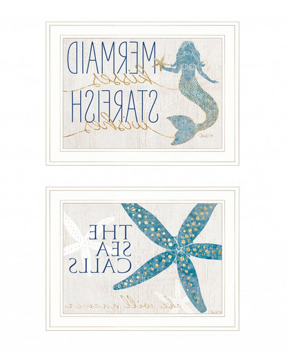 Set Of Two Mermaid Kisses Starfish Wishes 2 White Framed Print Wall Art HomeRoots