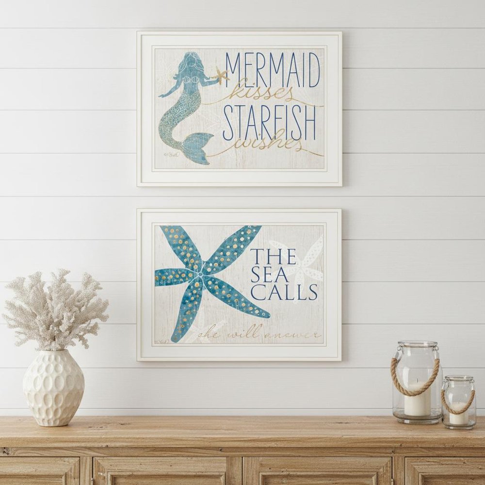 Set Of Two Mermaid Kisses Starfish Wishes 2 White Framed Print Wall Art — view 1
