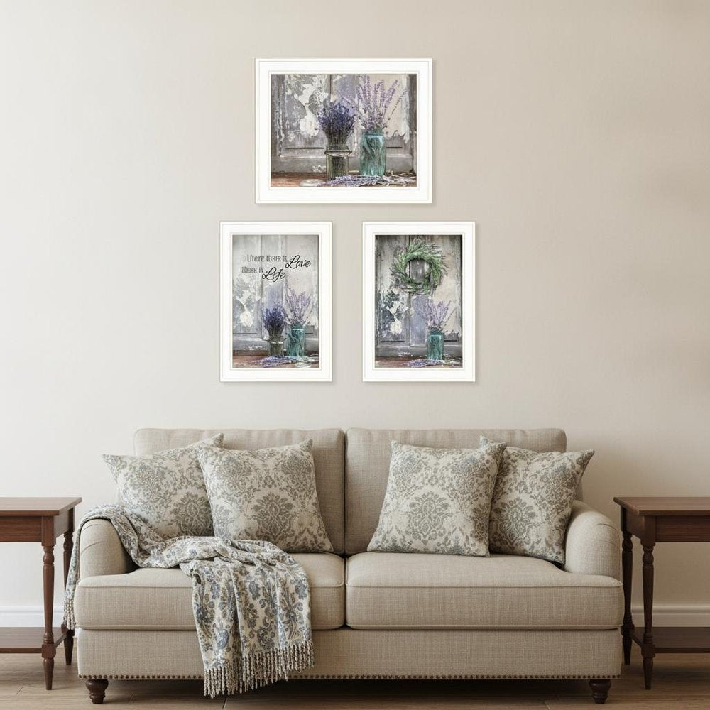 Set Of Three Love Life And Lavender White Framed Print Wall Art HomeRoots