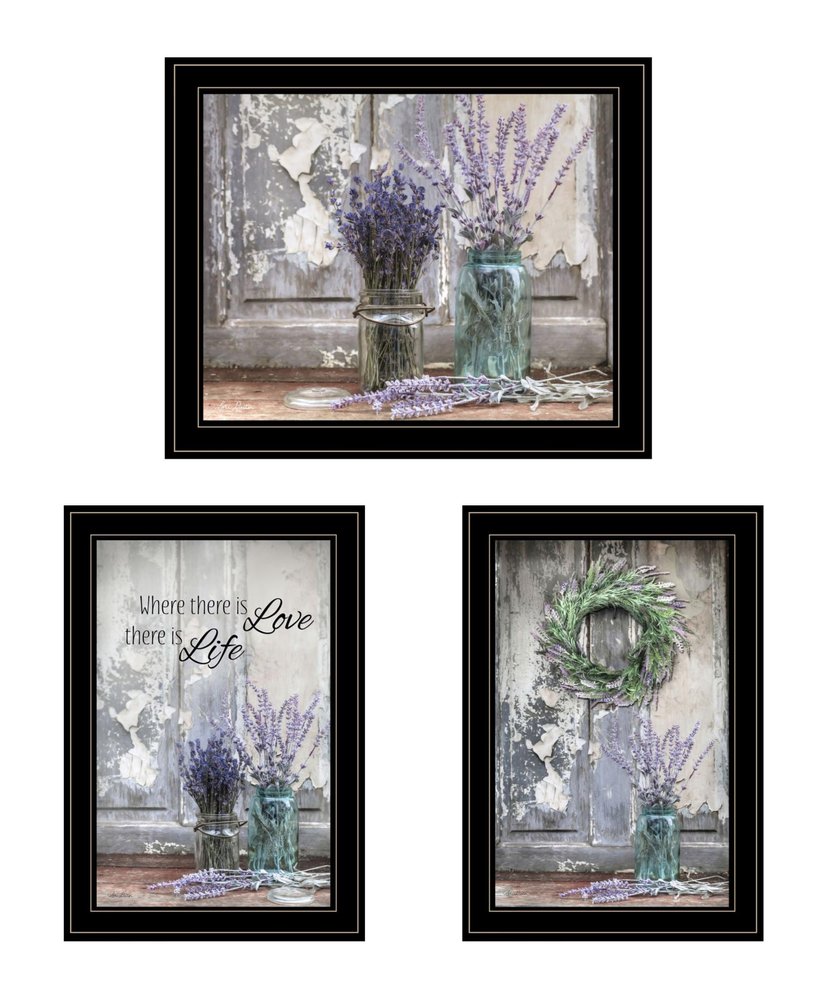 Set Of Three Love Life and Lavender Black Framed Print Wall Art HomeRoots