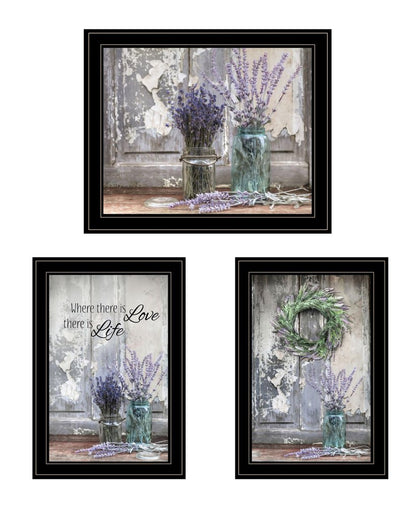 Set Of Three Love Life and Lavender Black Framed Print Wall Art HomeRoots