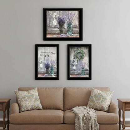 Set Of Three Love Life and Lavender Black Framed Print Wall Art HomeRoots