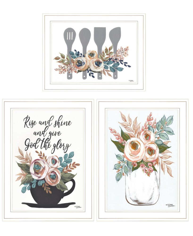 Set Of Three Rise and Shine White Framed Print Kitchen Wall Art — view 1