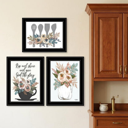 Set Of Three Rise and Shine Kitchen Black Framed Print Kitchen Wall Art HomeRoots