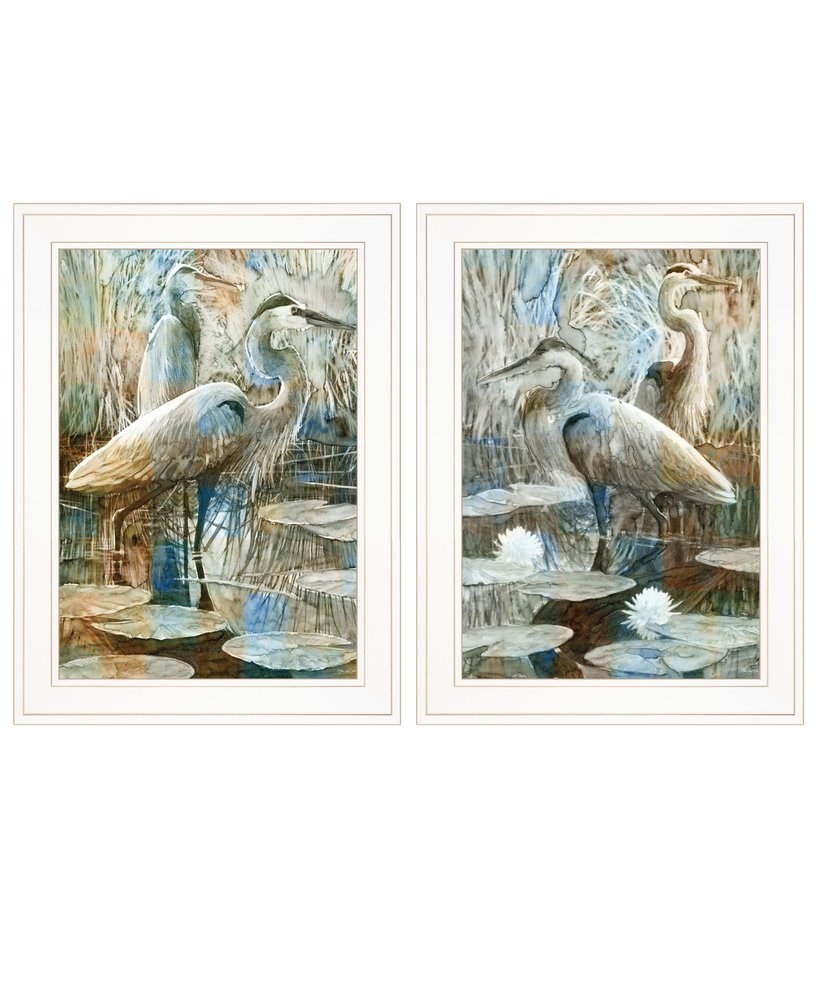Set Of Two Marsh Herons I and Sea II White Framed Print Wall Art — view 1