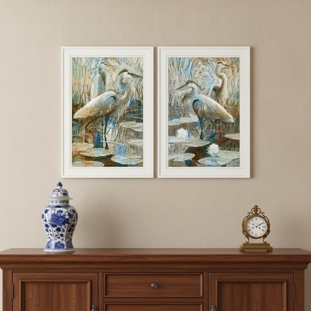 Set Of Two Marsh Herons I and Sea II White Framed Print Wall Art — view 5