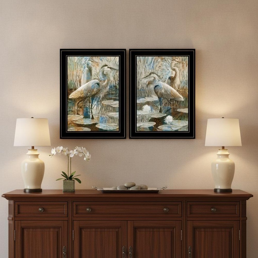Set Of Two Marsh Herons I and Sea II Black Framed Print Wall Art — view 1
