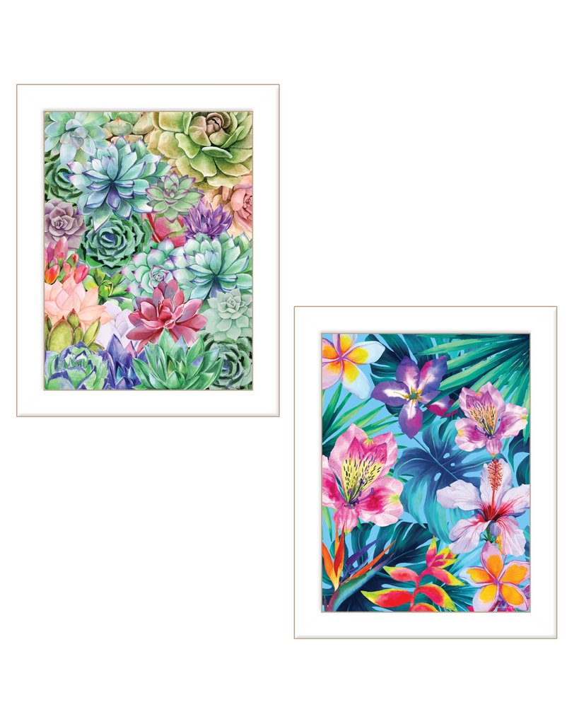 Set Of Two Succulents Paradise and Tropical Flowers White Framed Print Wall Art — view 2