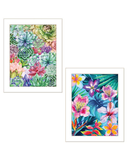 Set Of Two Succulents Paradise and Tropical Flowers White Framed Print Wall Art HomeRoots