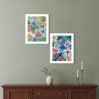 Set Of Two Succulents Paradise and Tropical Flowers White Framed Print Wall Art HomeRoots