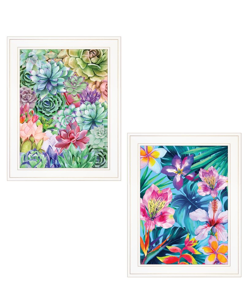 Set Of Two Succulents Paradise and Tropical Flowers White Framed Print Wall Art — view 2