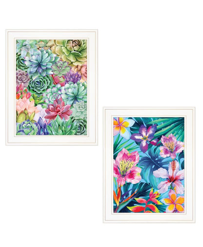 Set Of Two Succulents Paradise and Tropical Flowers White Framed Print Wall Art HomeRoots