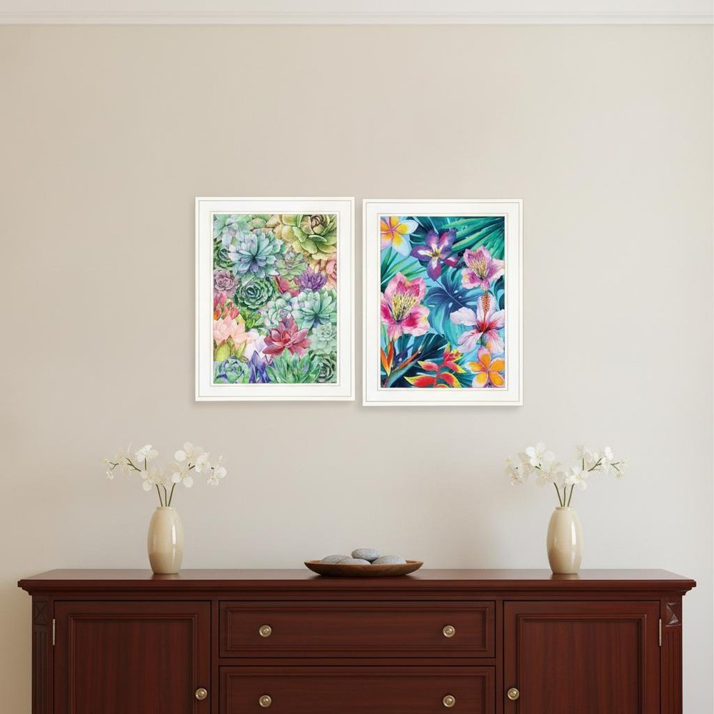 Set Of Two Succulents Paradise and Tropical Flowers White Framed Print Wall Art — view 8